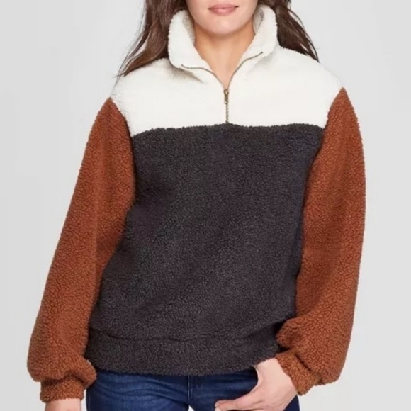 Universal Thread Color Block Pullover Zipper Sherpa - Picture 1 of 11
